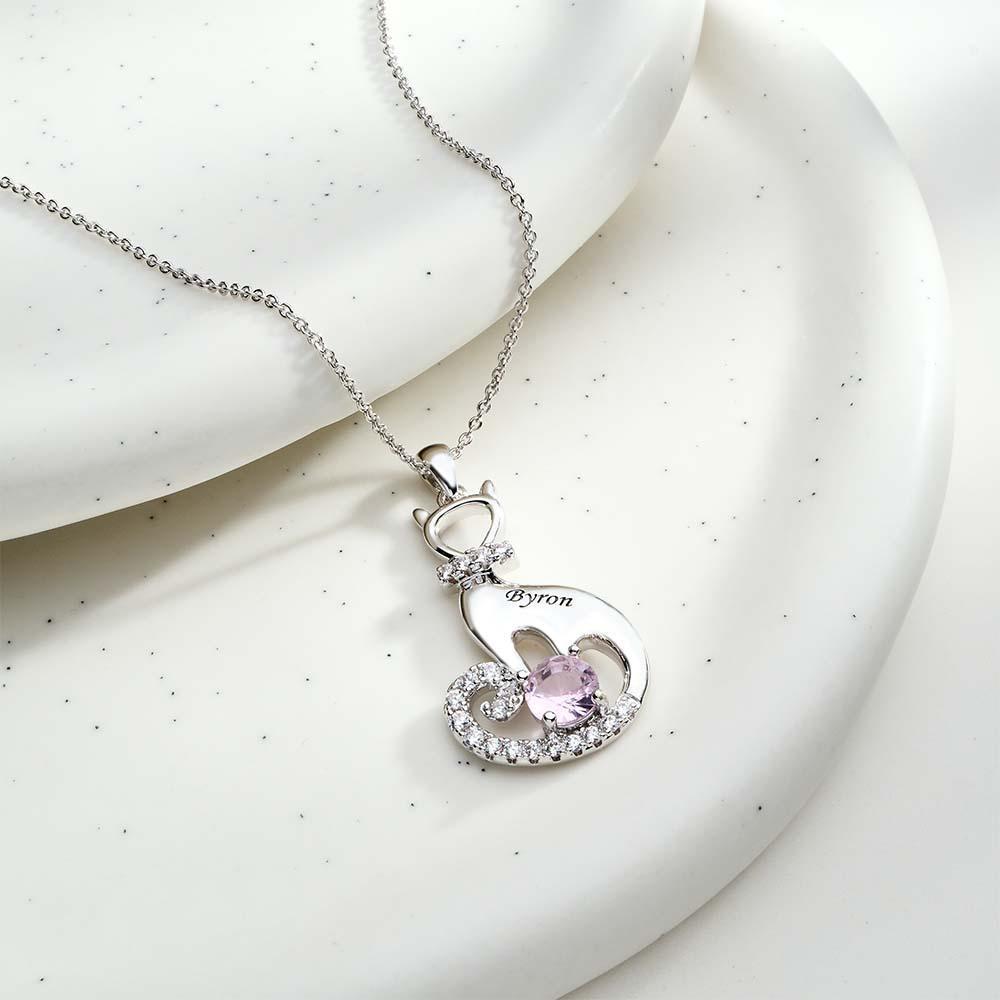 Lovely Cat Birthstone Necklace With Text Unique Zircon Pendant Jewelry Gifts For Women - NameNecklace