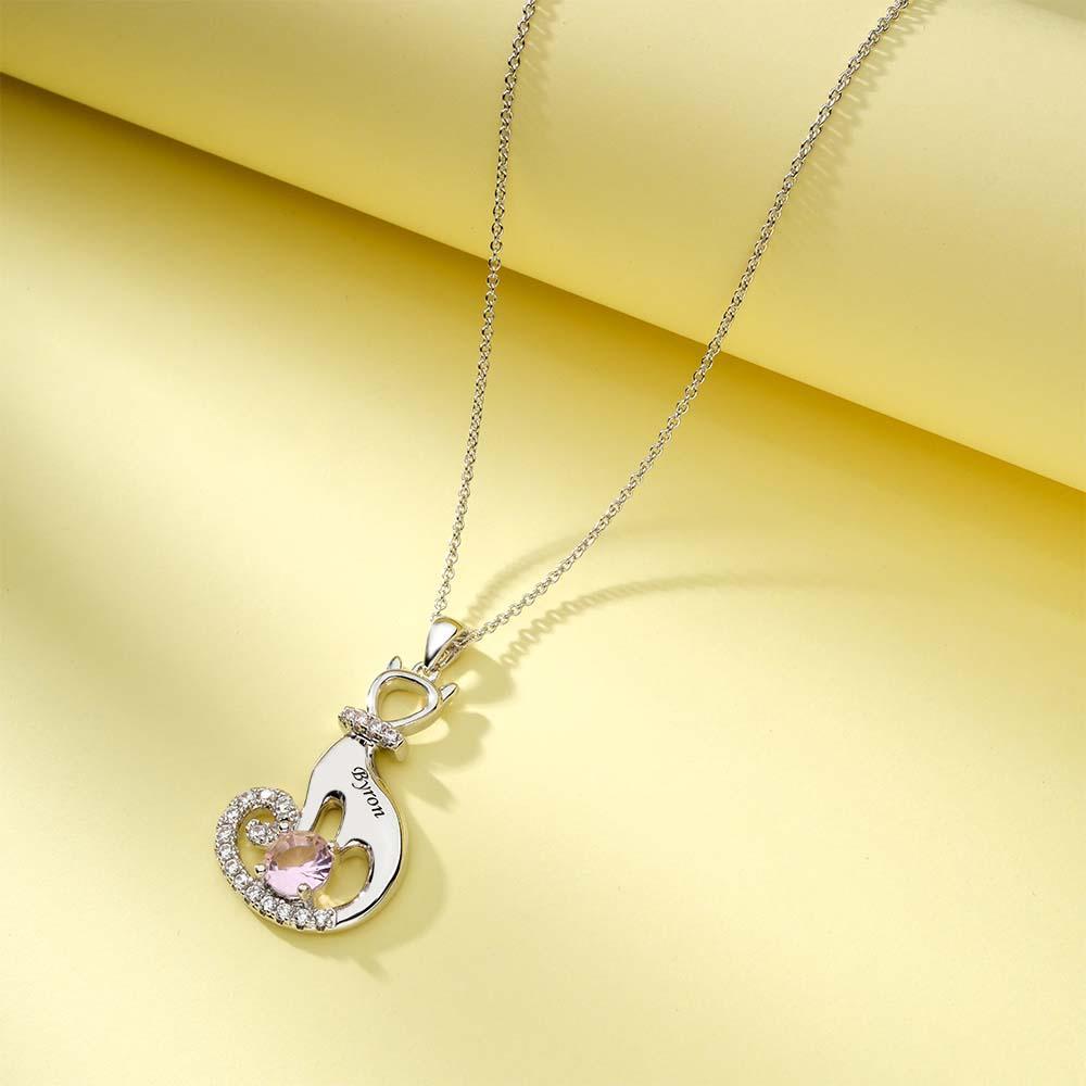 Lovely Cat Birthstone Necklace With Text Unique Zircon Pendant Jewelry Gifts For Women - NameNecklace