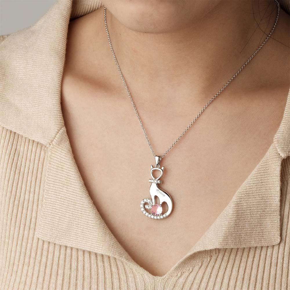 Lovely Cat Birthstone Necklace With Text Unique Zircon Pendant Jewelry Gifts For Women - NameNecklace