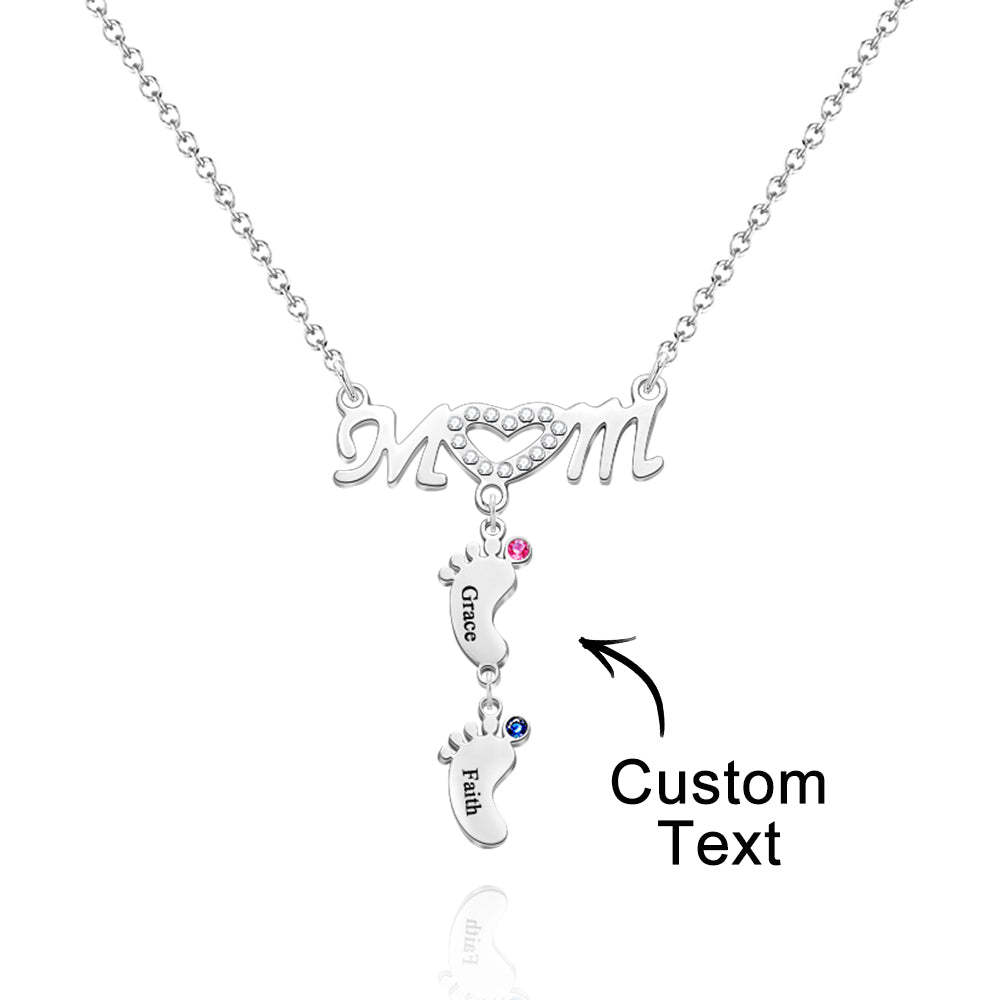 Mother's Necklace With Small Custom Name & Birthstone Baby Foot Charms - NameNecklace
