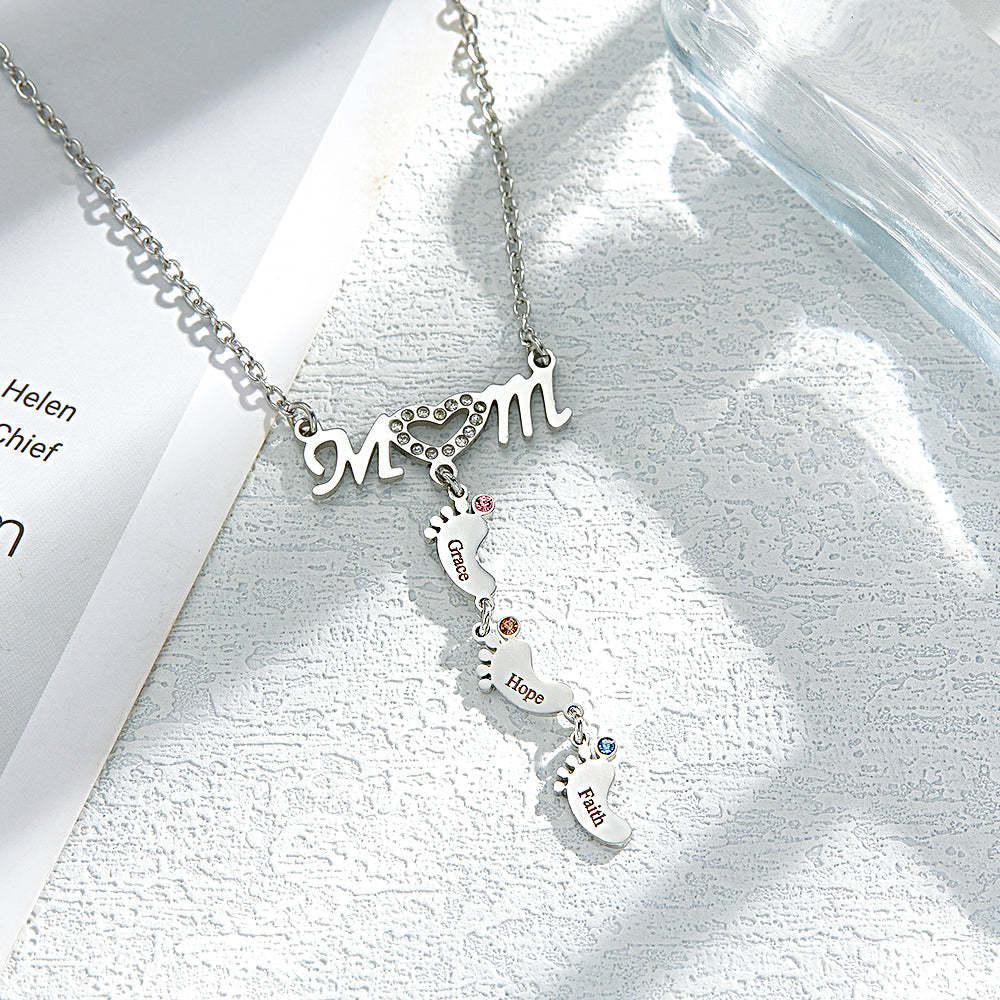Mother's Necklace With Small Custom Name & Birthstone Baby Foot Charms - NameNecklace