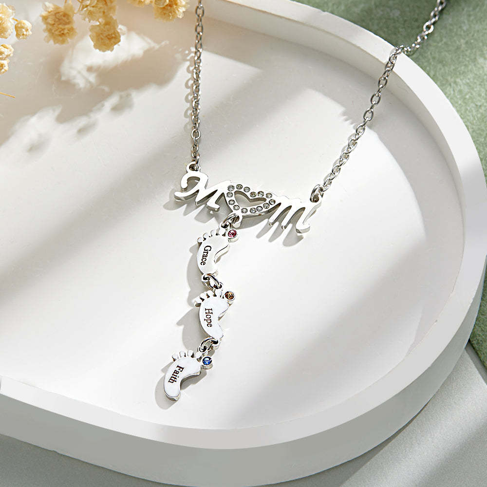 Mother's Necklace With Small Custom Name & Birthstone Baby Foot Charms - NameNecklace