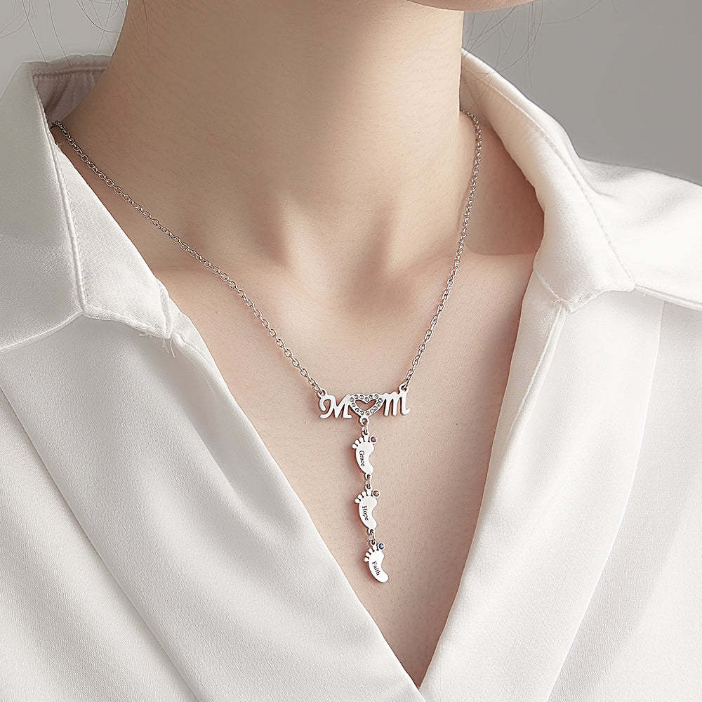 Mother's Necklace With Small Custom Name & Birthstone Baby Foot Charms - NameNecklace