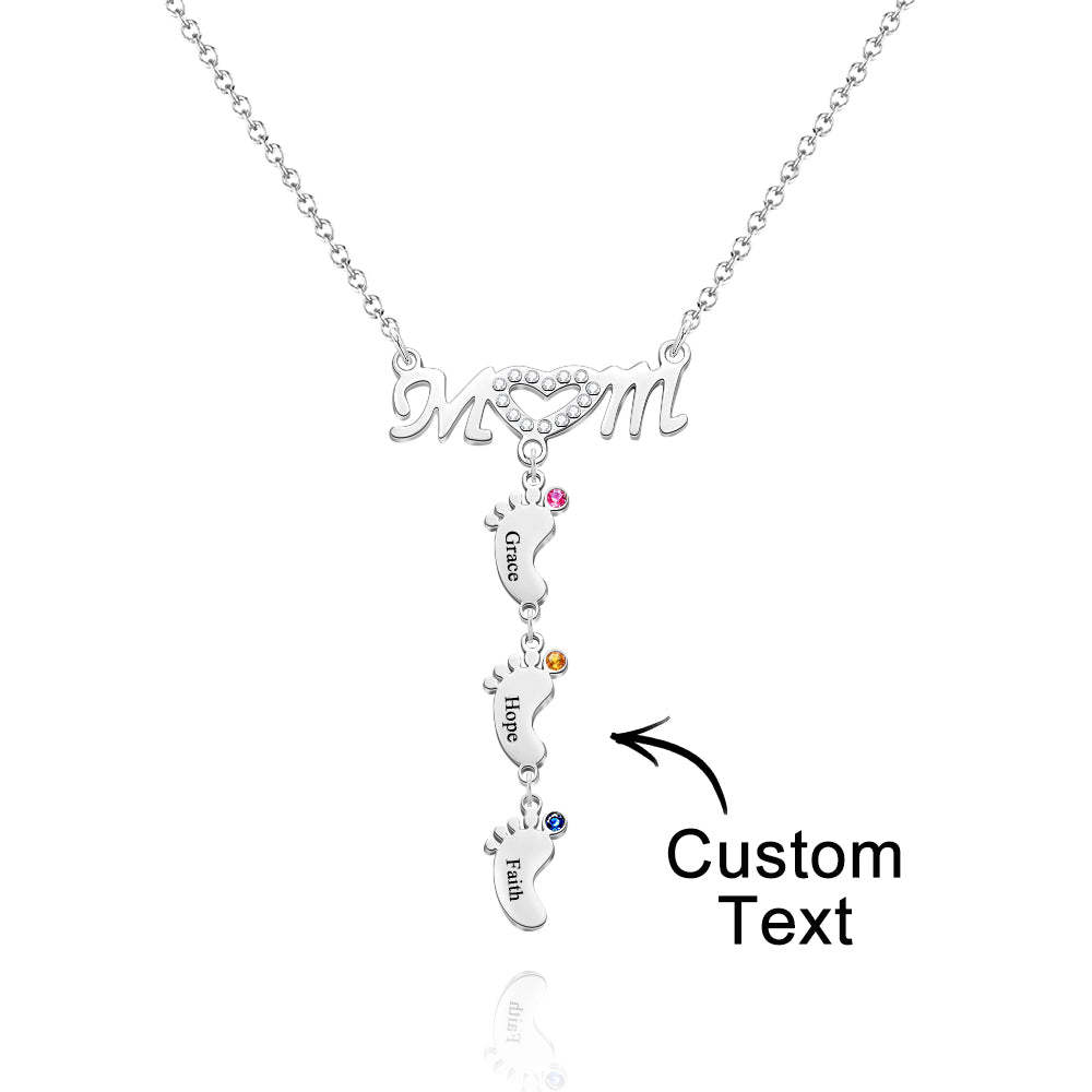 Mother's Necklace With Small Custom Name & Birthstone Baby Foot Charms - NameNecklace