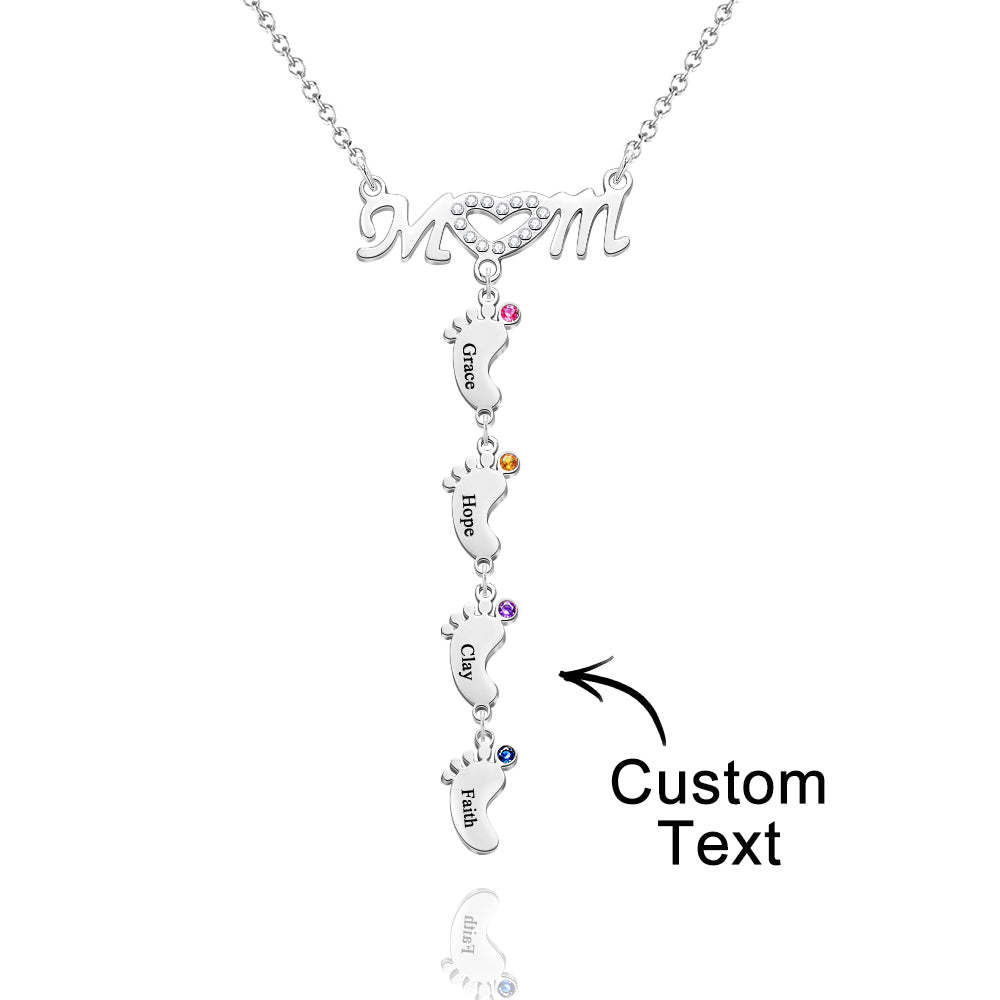 Mother's Necklace With Small Custom Name & Birthstone Baby Foot Charms - NameNecklace