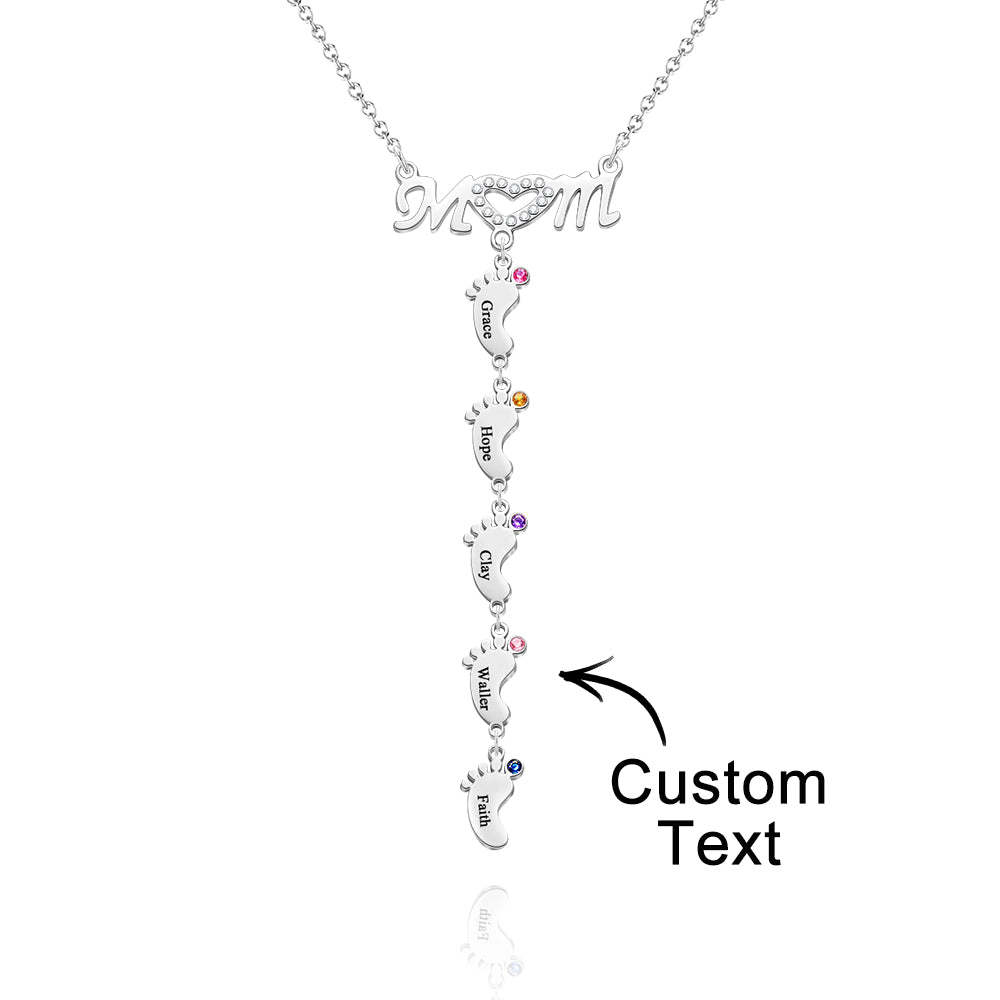 Mother's Necklace With Small Custom Name & Birthstone Baby Foot Charms - NameNecklace