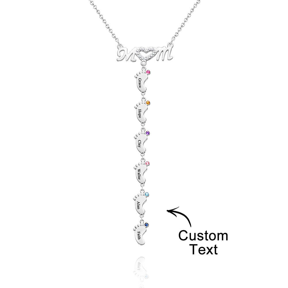 Mother's Necklace With Small Custom Name & Birthstone Baby Foot Charms - NameNecklace