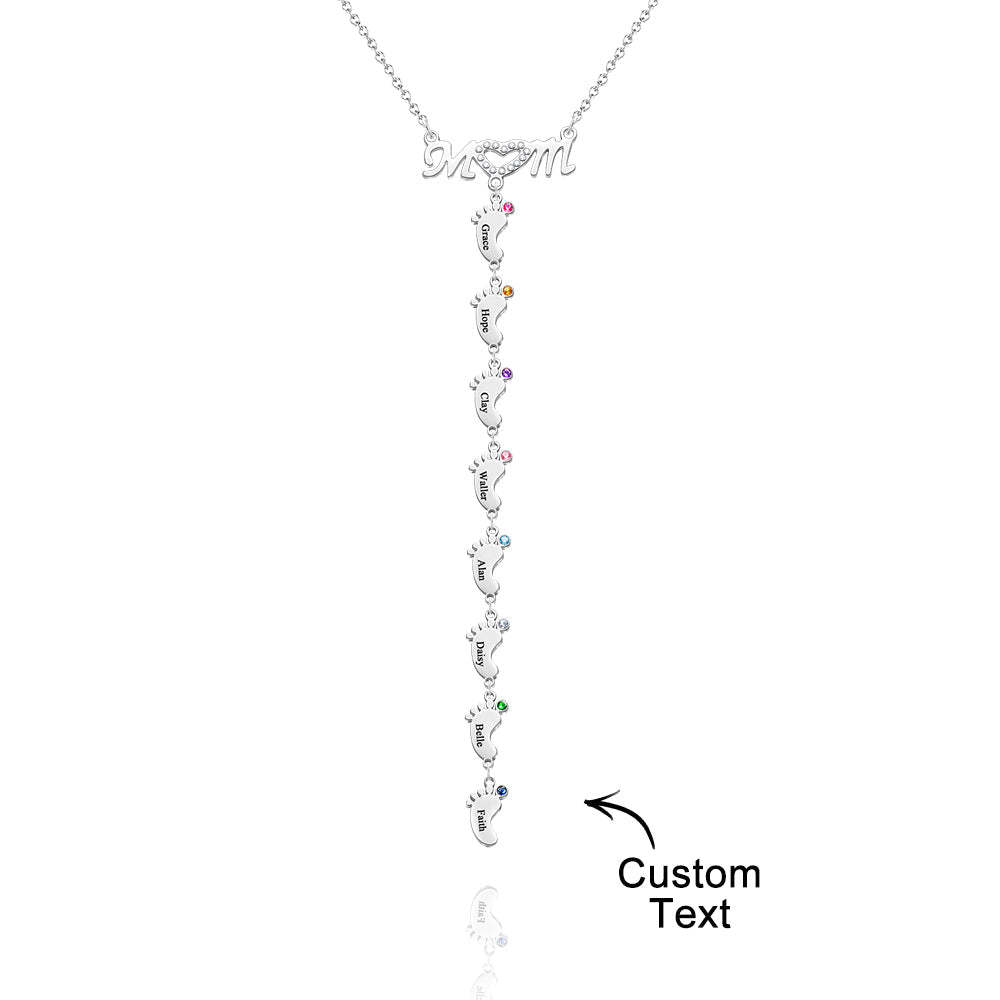 Mother's Necklace With Small Custom Name & Birthstone Baby Foot Charms - NameNecklace