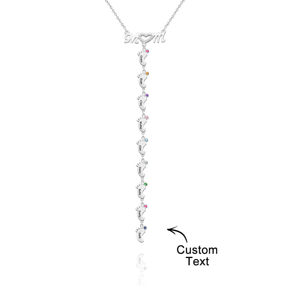 Mother's Necklace With Small Custom Name & Birthstone Baby Foot Charms - NameNecklace
