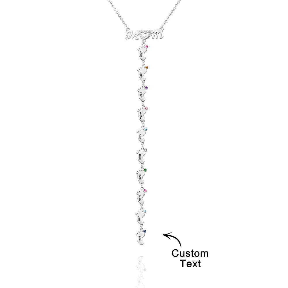 Mother's Necklace With Small Custom Name & Birthstone Baby Foot Charms - NameNecklace