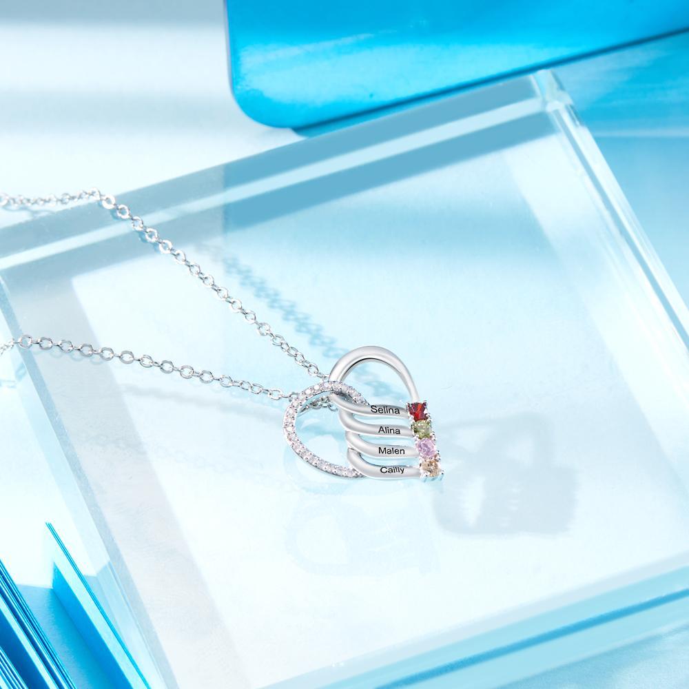 Engraved Name 2-5 Birthstones Heart Necklace Personalized Family Heart Pendant Mother Necklace Gift - NameNecklace
