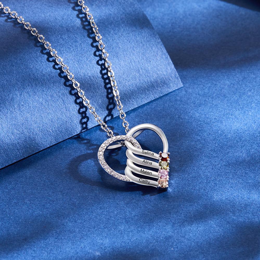 Engraved Name 2-5 Birthstones Heart Necklace Personalized Family Heart Pendant Mother Necklace Gift - NameNecklace