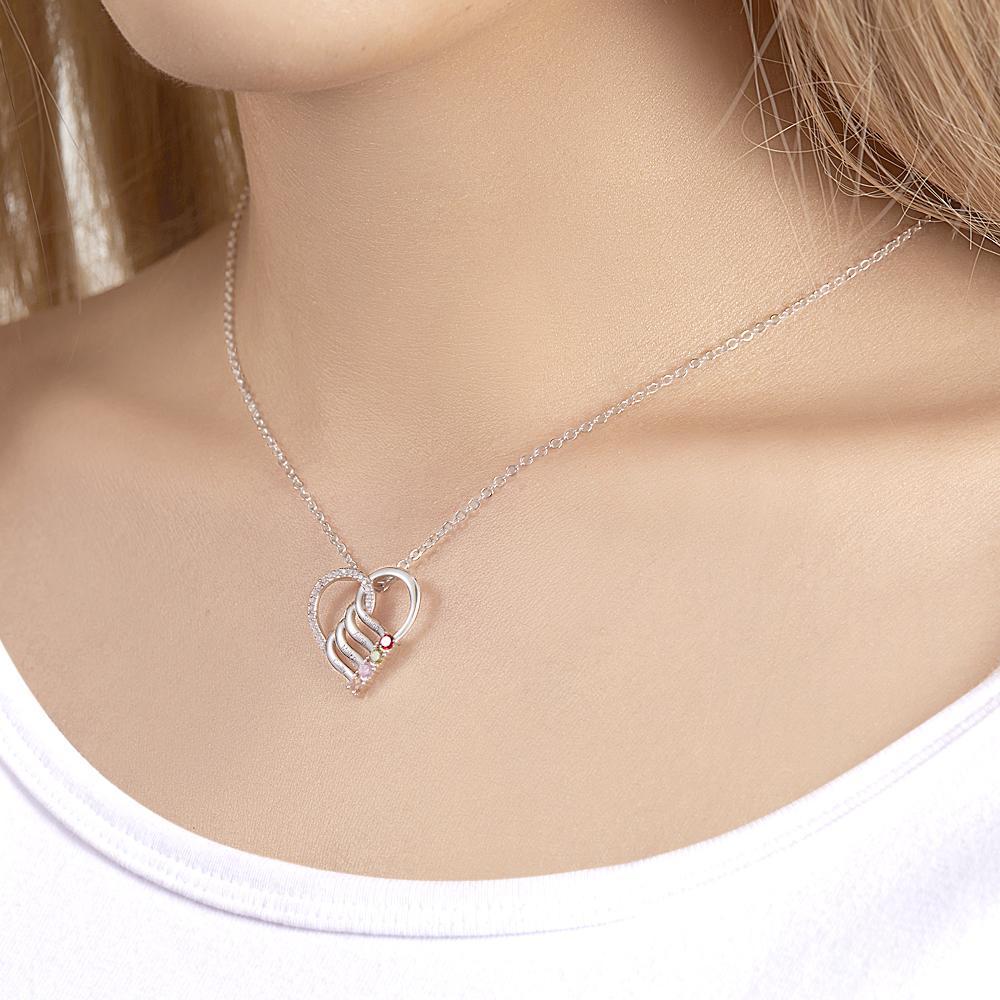 Engraved Name 2-5 Birthstones Heart Necklace Personalized Family Heart Pendant Mother Necklace Gift - NameNecklace