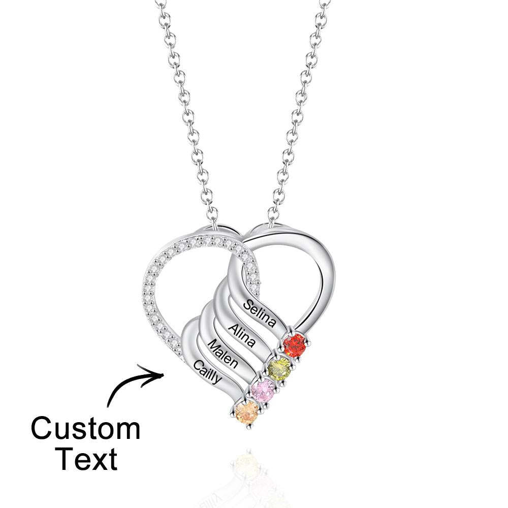 Engraved Name 2-5 Birthstones Heart Necklace Personalized Family Heart Pendant Mother Necklace Gift - NameNecklace
