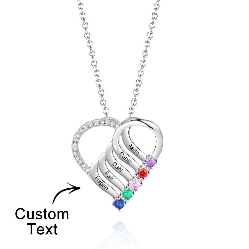Engraved Name 2-5 Birthstones Heart Necklace Personalized Family Heart Pendant Mother Necklace Gift - NameNecklace