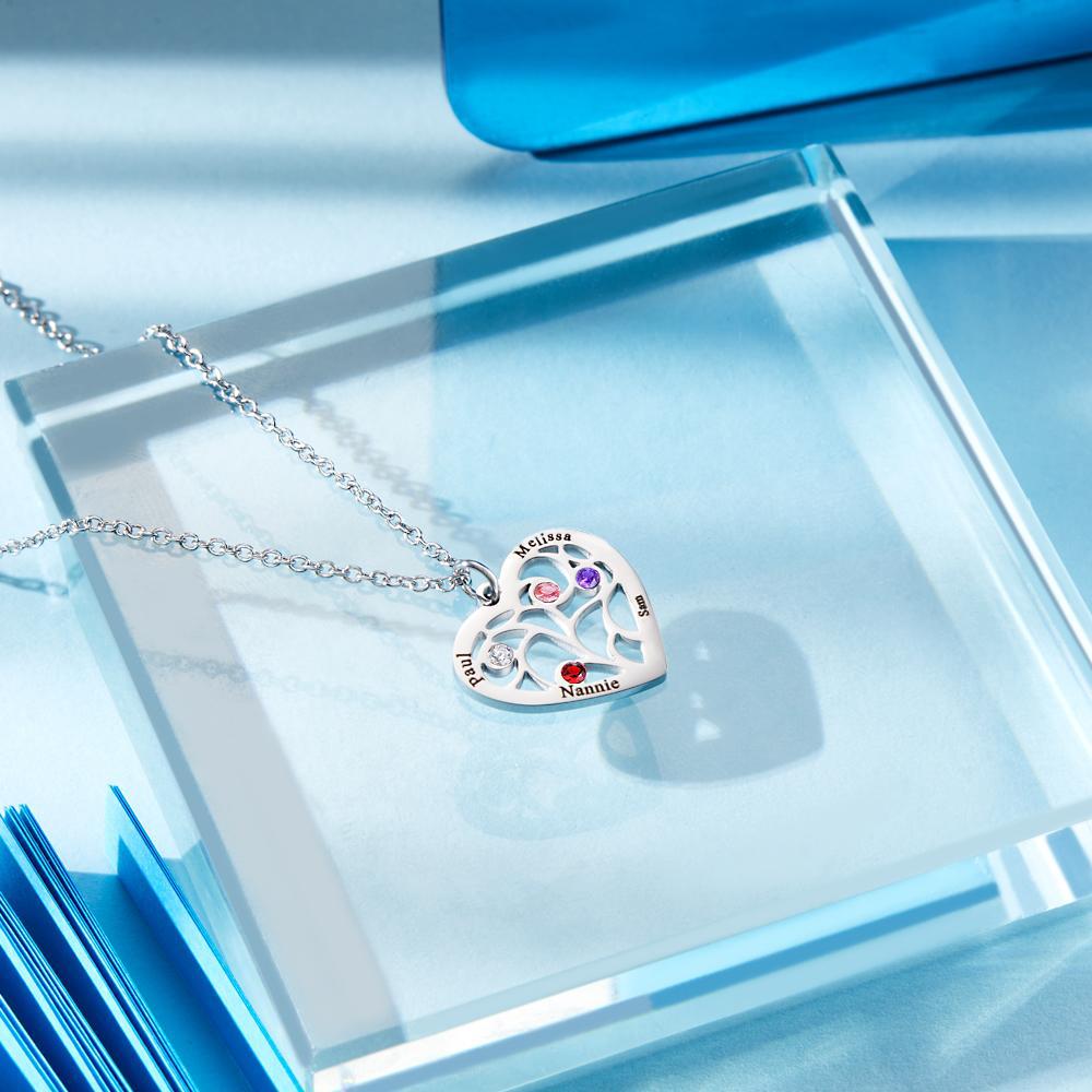 Engraved 1-5 Names Birthstone Family Tree Personalized Heart Shaped Pendant Christmas Day Gifts - NameNecklace