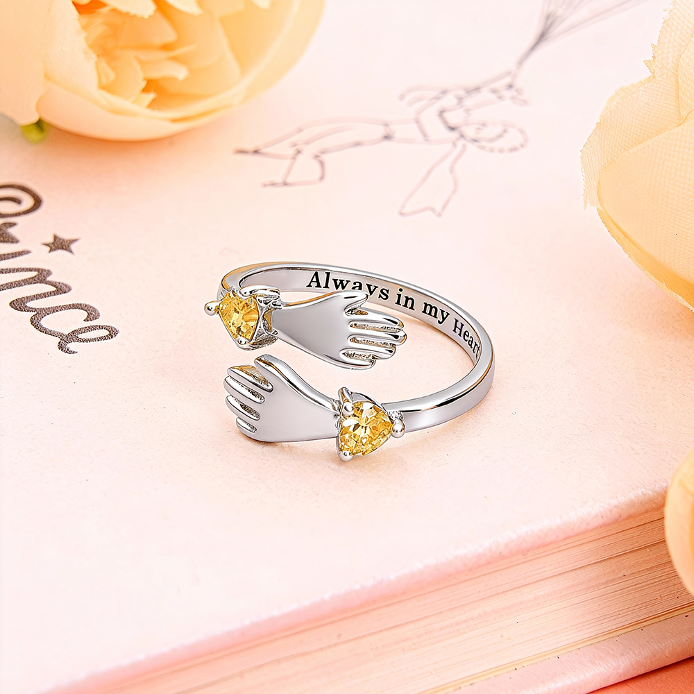 Grandma and Granddaughter Hands Ring – Two Hands Embrace Design with Personalized Birthstones
