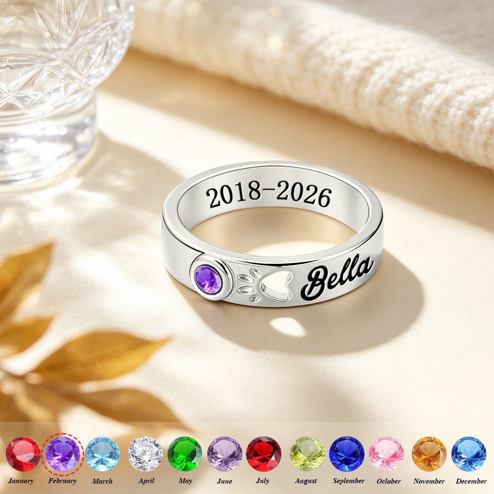 Personalized Pet Memorial Ring with Birthstone – Custom Engraved Remembrance Jewelry - namenecklace