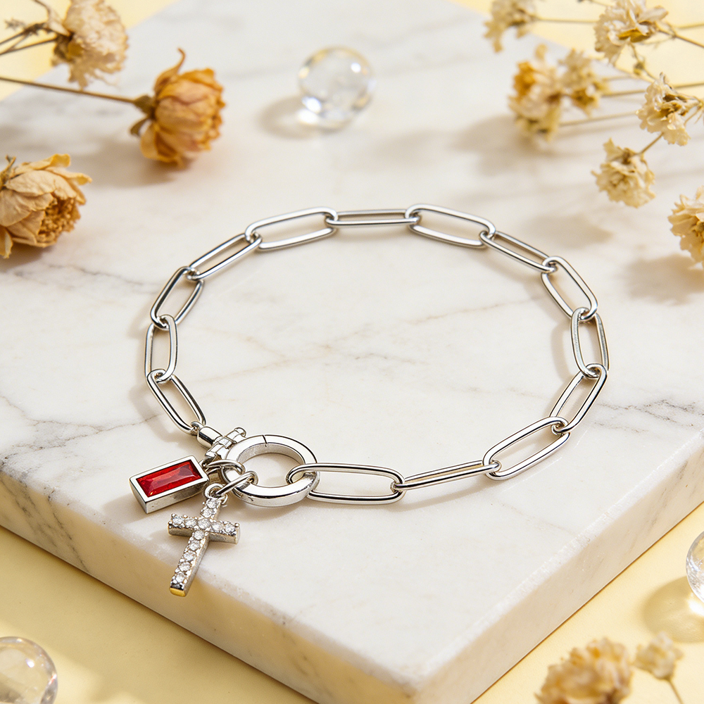 Paperclip Birthstone Cross Pendant Bracelet Custom Paperclip Chain Cross Bracelet with Birthstone – Detachable Pendant Personalized Jewelry for Women