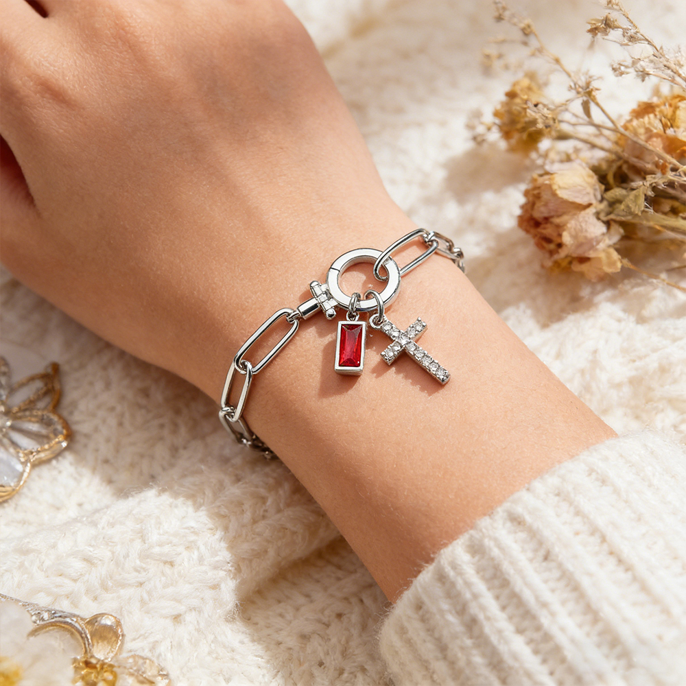 Paperclip Birthstone Cross Pendant Bracelet Custom Paperclip Chain Cross Bracelet with Birthstone – Detachable Pendant Personalized Jewelry for Women