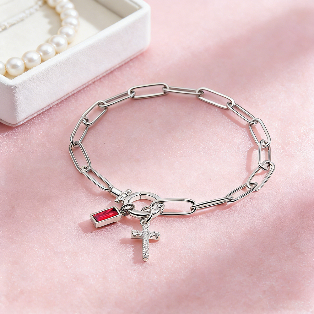 Paperclip Birthstone Cross Pendant Bracelet Custom Paperclip Chain Cross Bracelet with Birthstone – Detachable Pendant Personalized Jewelry for Women