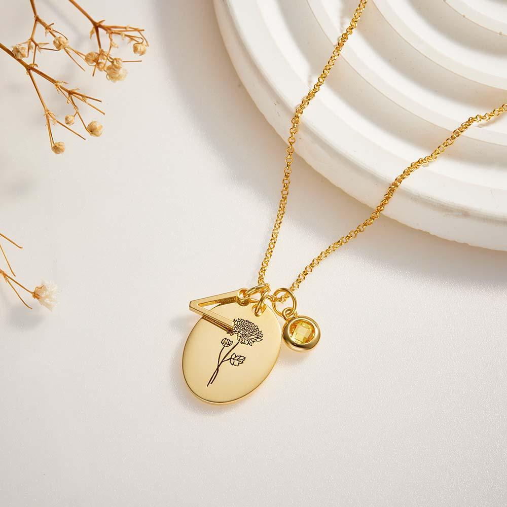 Personalized Text Birthstone Necklace Birth Flower Necklace Gift for Mom - NameNecklace