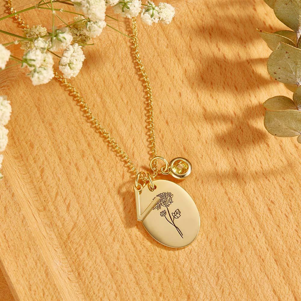 Personalized Text Birthstone Necklace Birth Flower Necklace Gift for Mom - NameNecklace