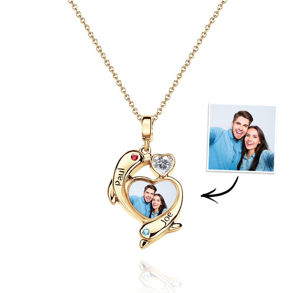 Personalized Photo Dolphin Birthstone Necklace Valentine's Day Gifts For Couples - NameNecklace