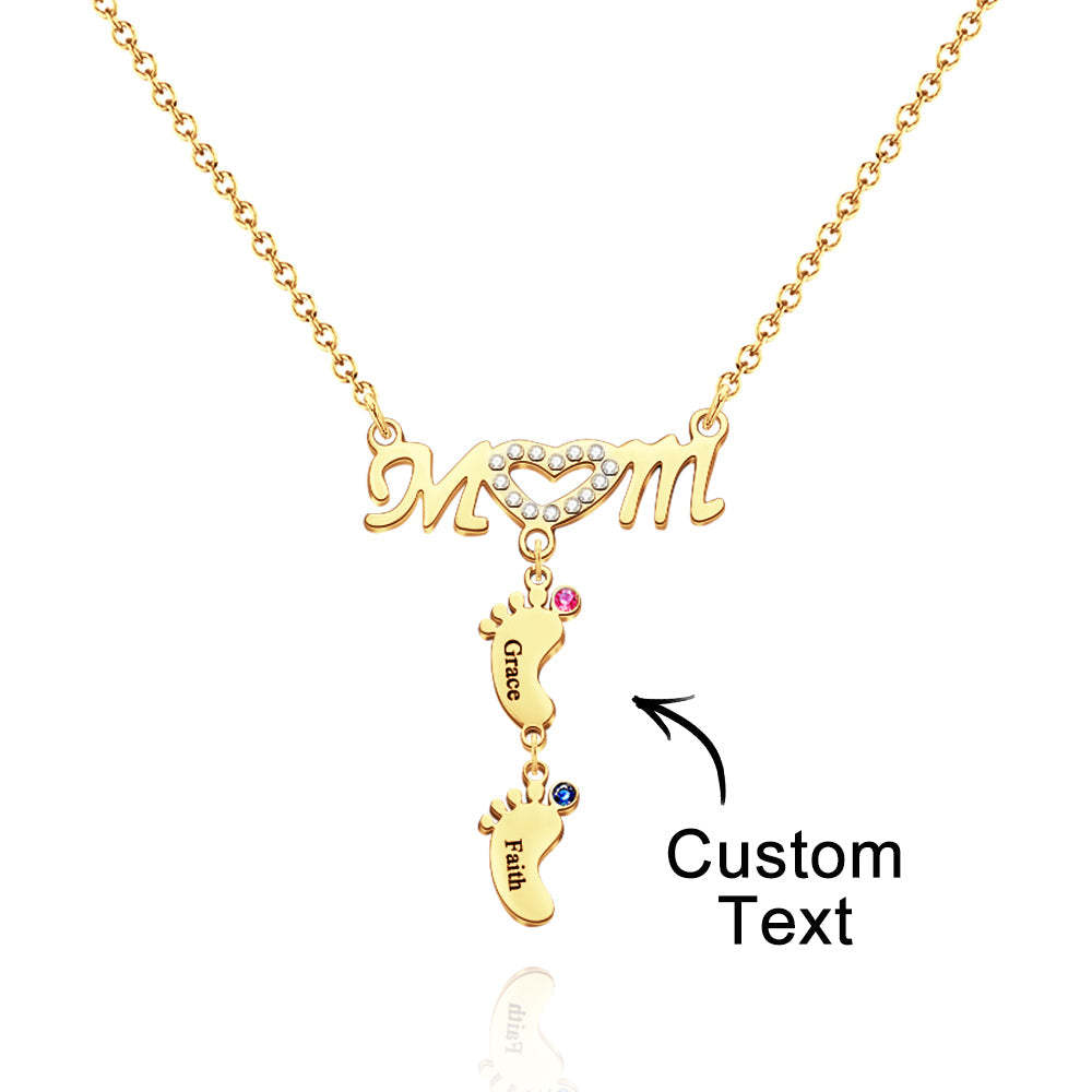 Mother's Necklace With Small Custom Name & Birthstone Baby Foot Charms - NameNecklace