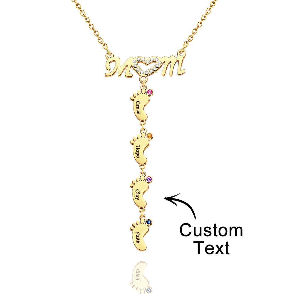 Mother's Necklace With Small Custom Name & Birthstone Baby Foot Charms - NameNecklace