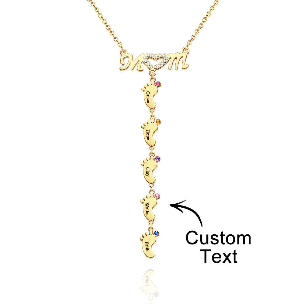 Mother's Necklace With Small Custom Name & Birthstone Baby Foot Charms - NameNecklace