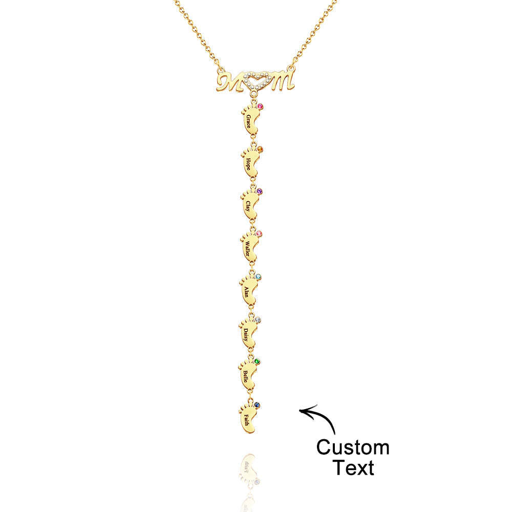 Mother's Necklace With Small Custom Name & Birthstone Baby Foot Charms - NameNecklace