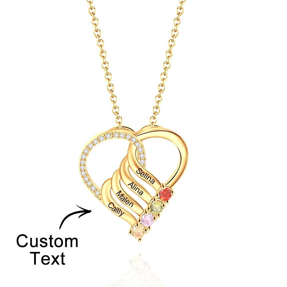 Engraved Name 2-5 Birthstones Heart Necklace Personalized Family Heart Pendant Mother Necklace Gift - NameNecklace