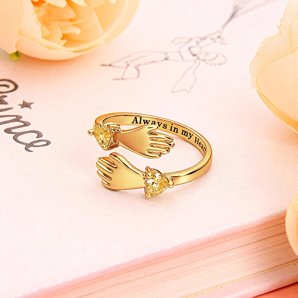 Grandma and Granddaughter Hands Ring – Two Hands Embrace Design with Personalized Birthstones