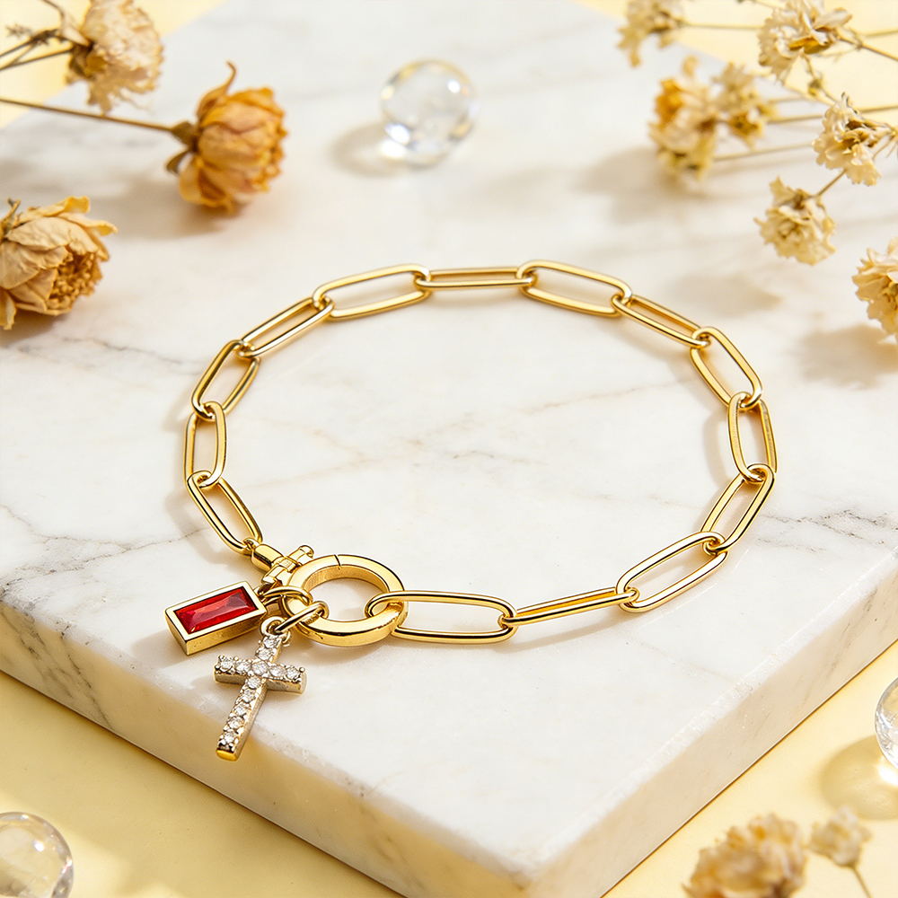 Paperclip Birthstone Cross Pendant Bracelet Custom Paperclip Chain Cross Bracelet with Birthstone – Detachable Pendant Personalized Jewelry for Women