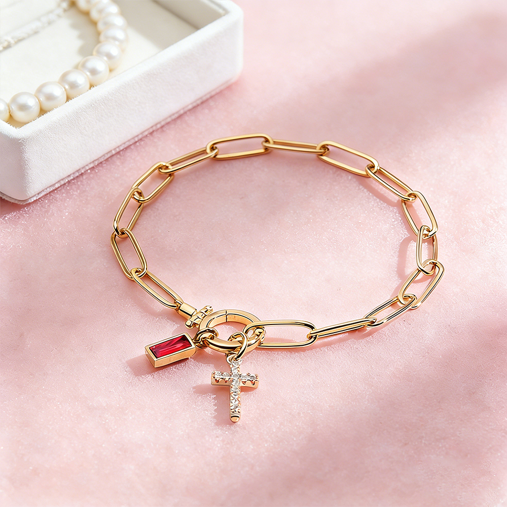 Paperclip Birthstone Cross Pendant Bracelet Custom Paperclip Chain Cross Bracelet with Birthstone – Detachable Pendant Personalized Jewelry for Women