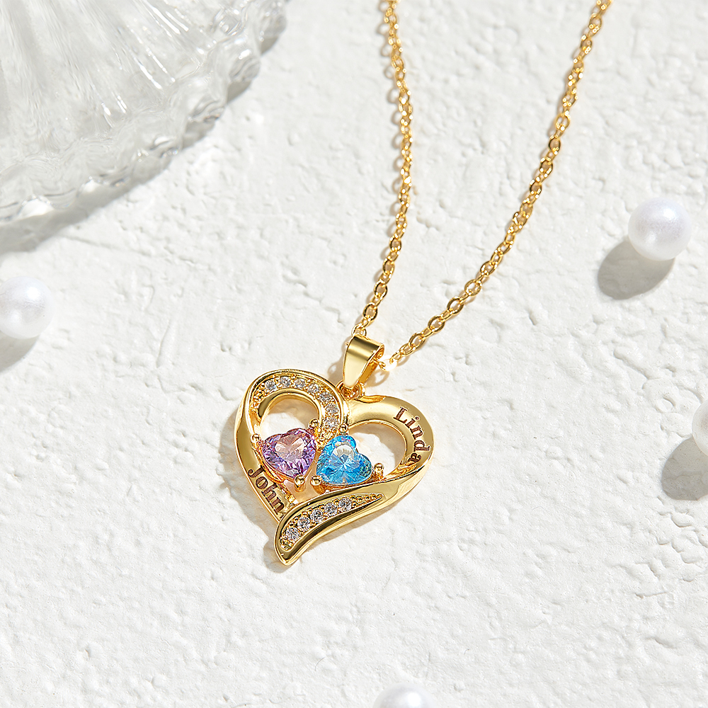Personalized Sterling Silver Heart Necklace with Two Names & Birthstones Custom Name & Birthstone Heart Necklace Engraved Double-Name Heart Necklace