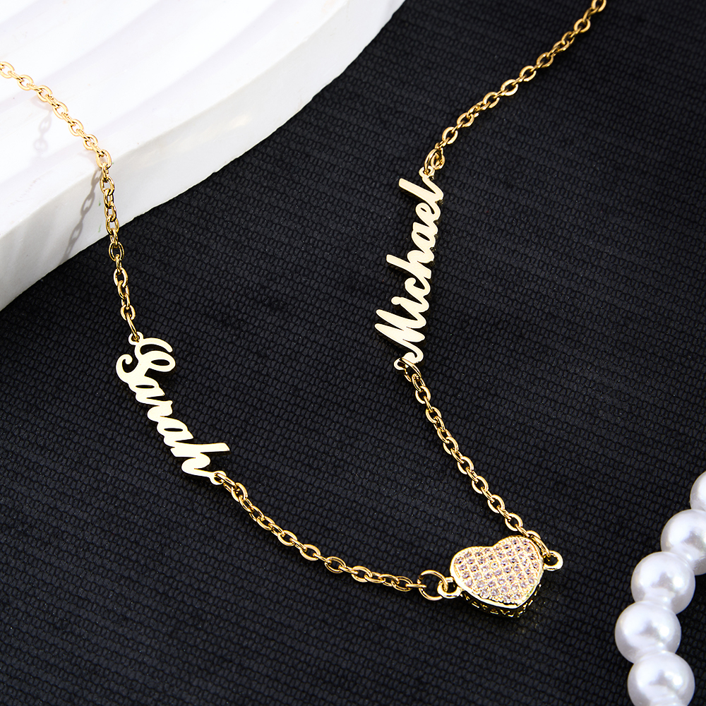 Personalized Pave Heart & Name Charm Necklace Custom Name & Diamond Heart Dainty Necklace Couple Name Necklace Gift for Her