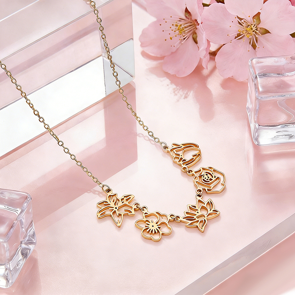 Custom Birthflower & Birthstone Necklace Family Pendant Personalized Dainty Birthflower Pendant Family Birth Flower Necklace