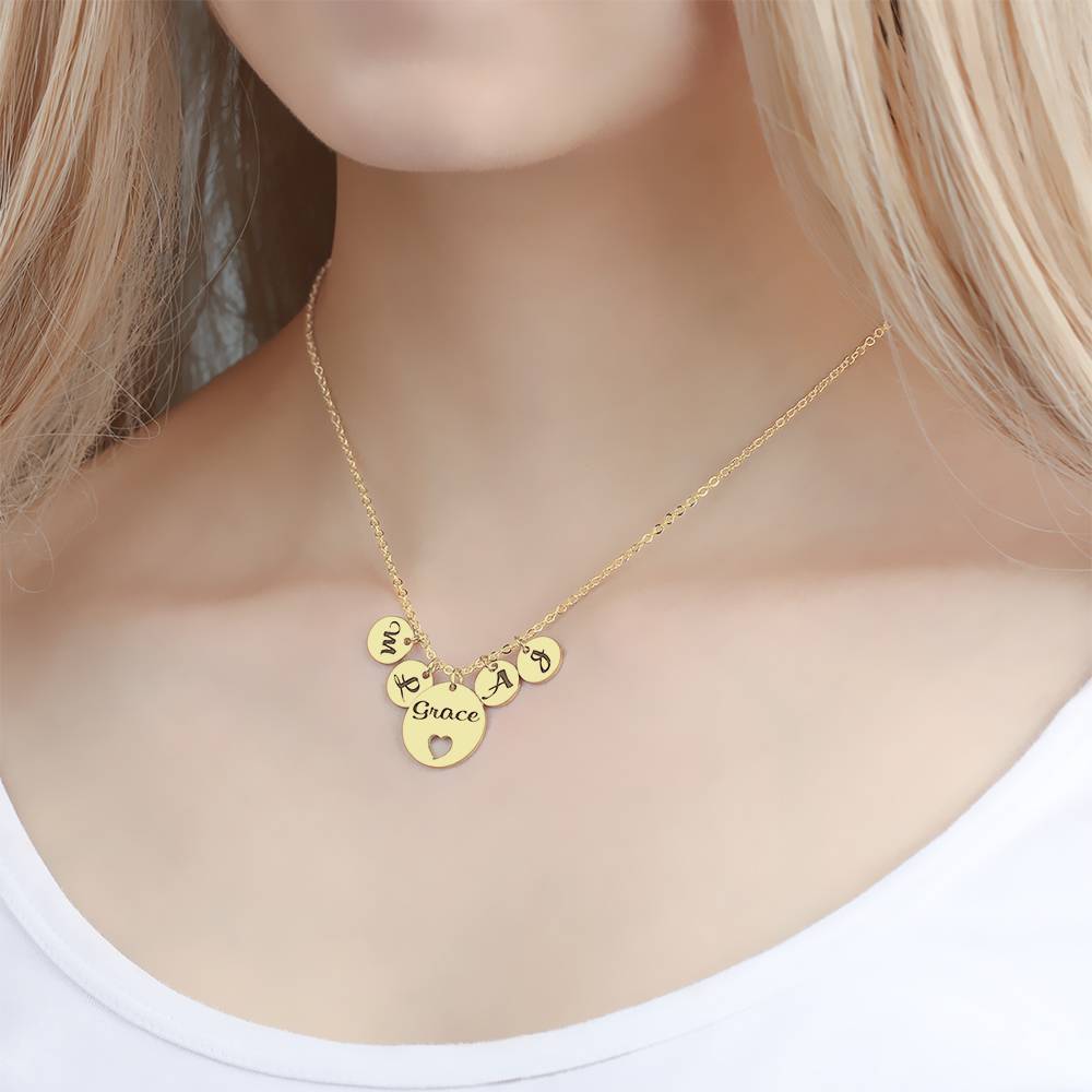 Four Initial Letters with Hollow Heart Engraved Necklace 14K Gold Plated