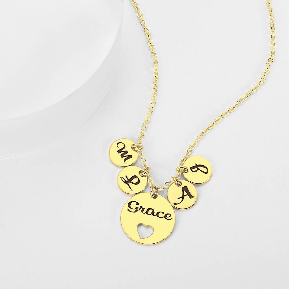 Four Initial Letters with Hollow Heart Engraved Necklace 14K Gold Plated