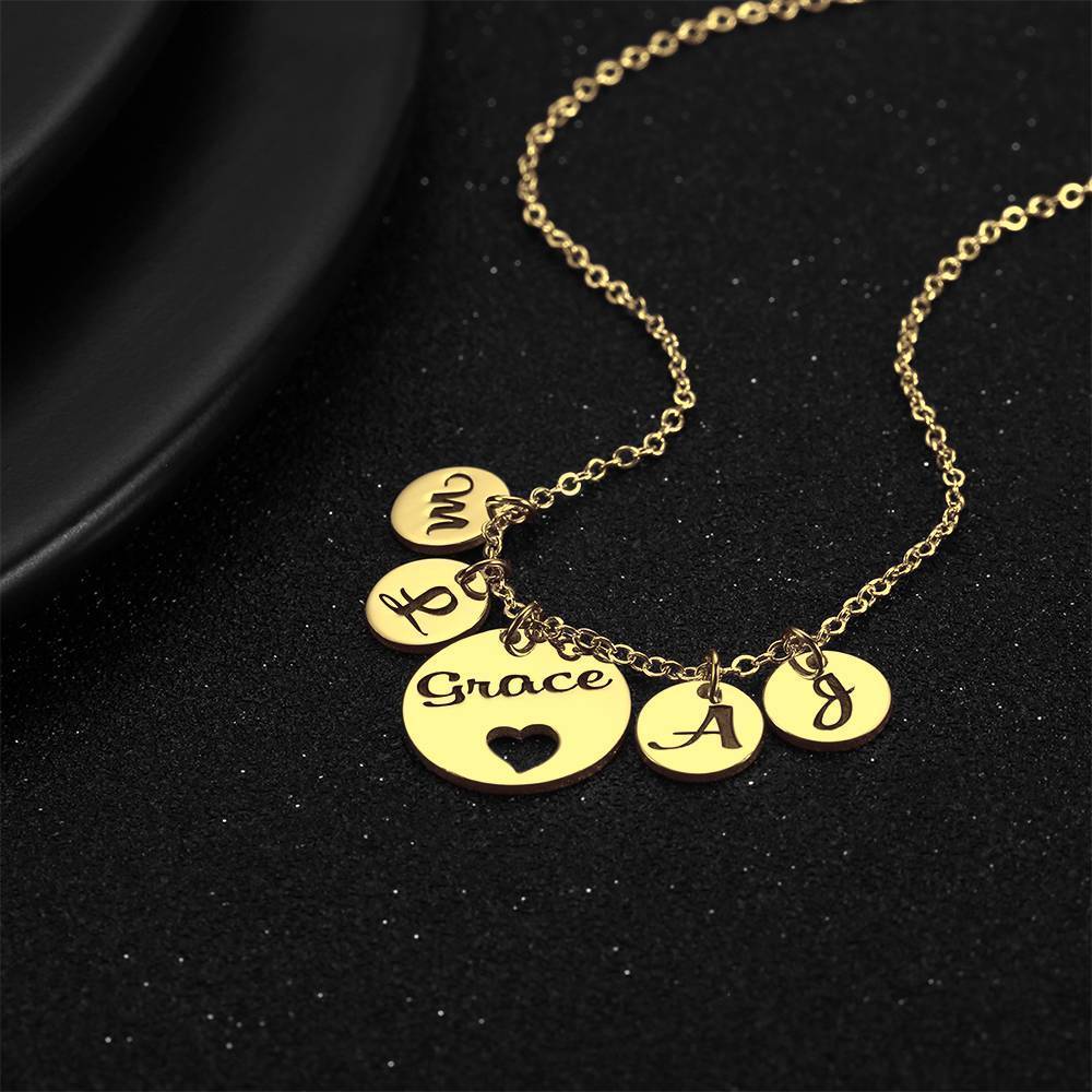 Four Initial Letters with Hollow Heart Engraved Necklace 14K Gold Plated