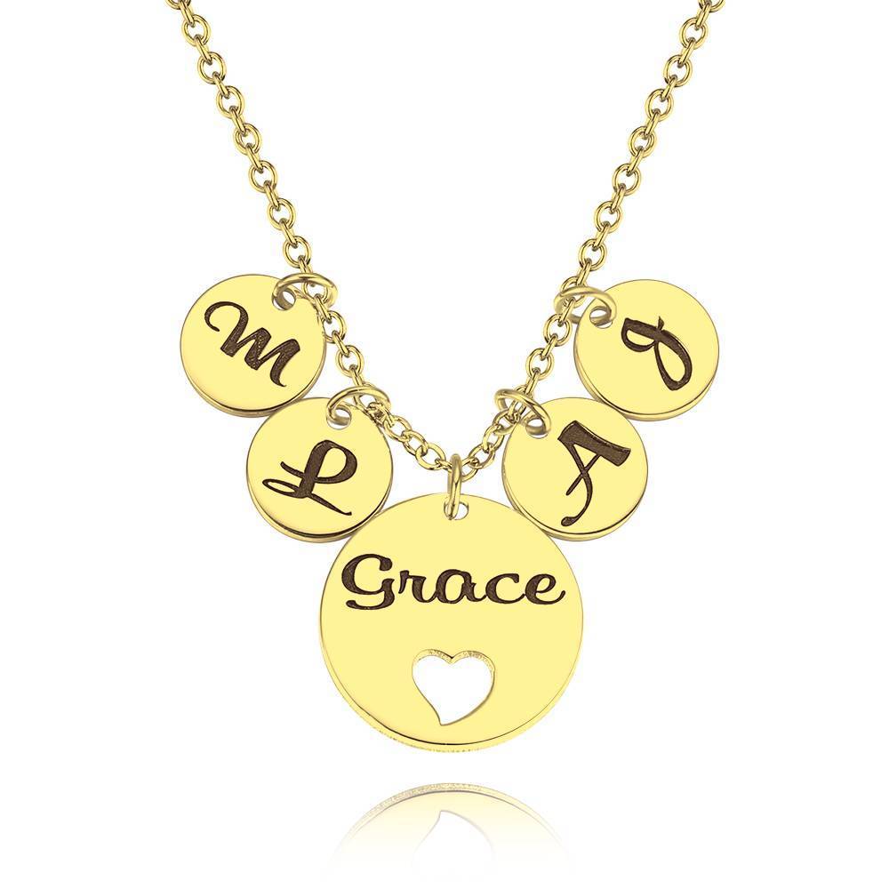 Four Initial Letters with Hollow Heart Engraved Necklace 14K Gold Plated