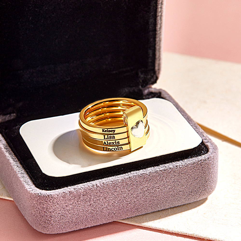 Personalized Stackable Name Rings with Heart Custom Family Name Jewelry Custom Engraved Name Rings Family Name Stackable Rings