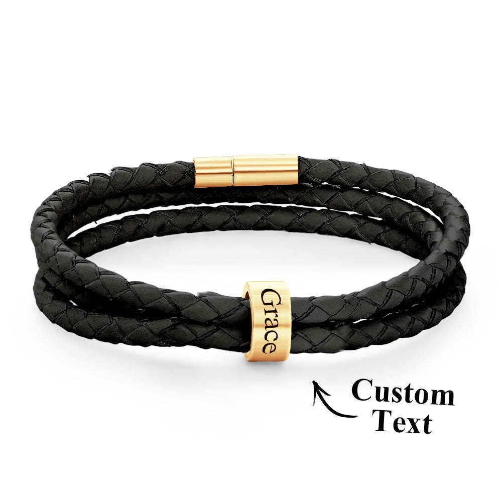Men Braided Leather Bracelet with Small Custom Beads - NameNecklace