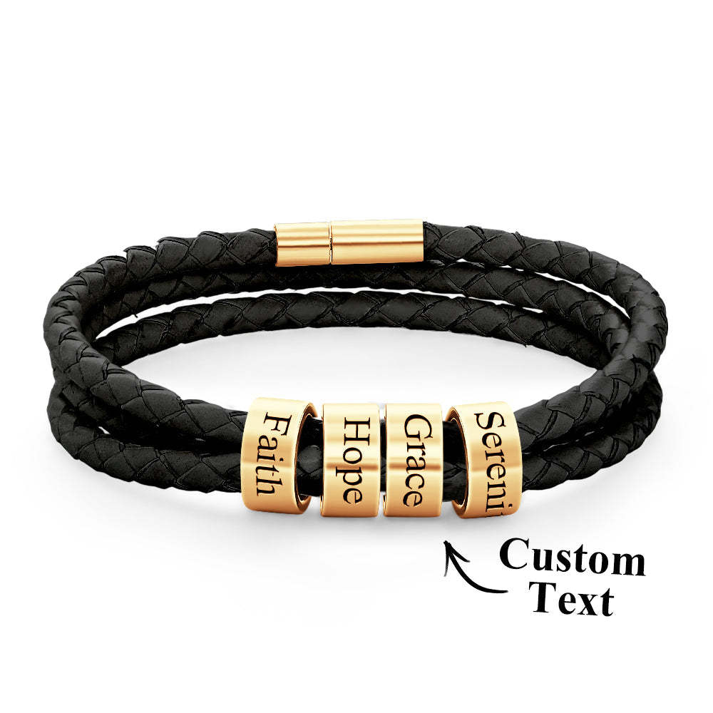 Men Braided Leather Bracelet with Small Custom Beads - NameNecklace