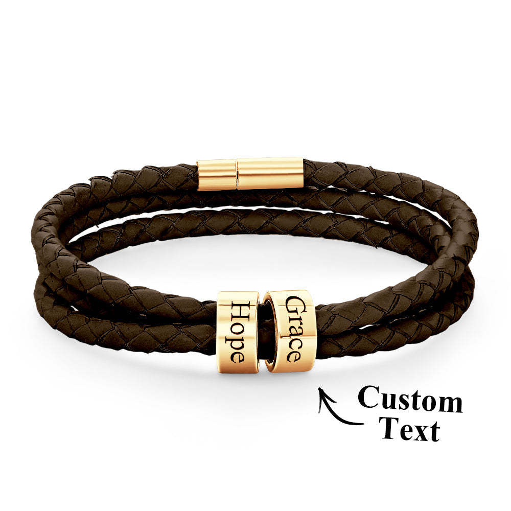 Men Braided Leather Bracelet with Small Custom Beads - NameNecklace