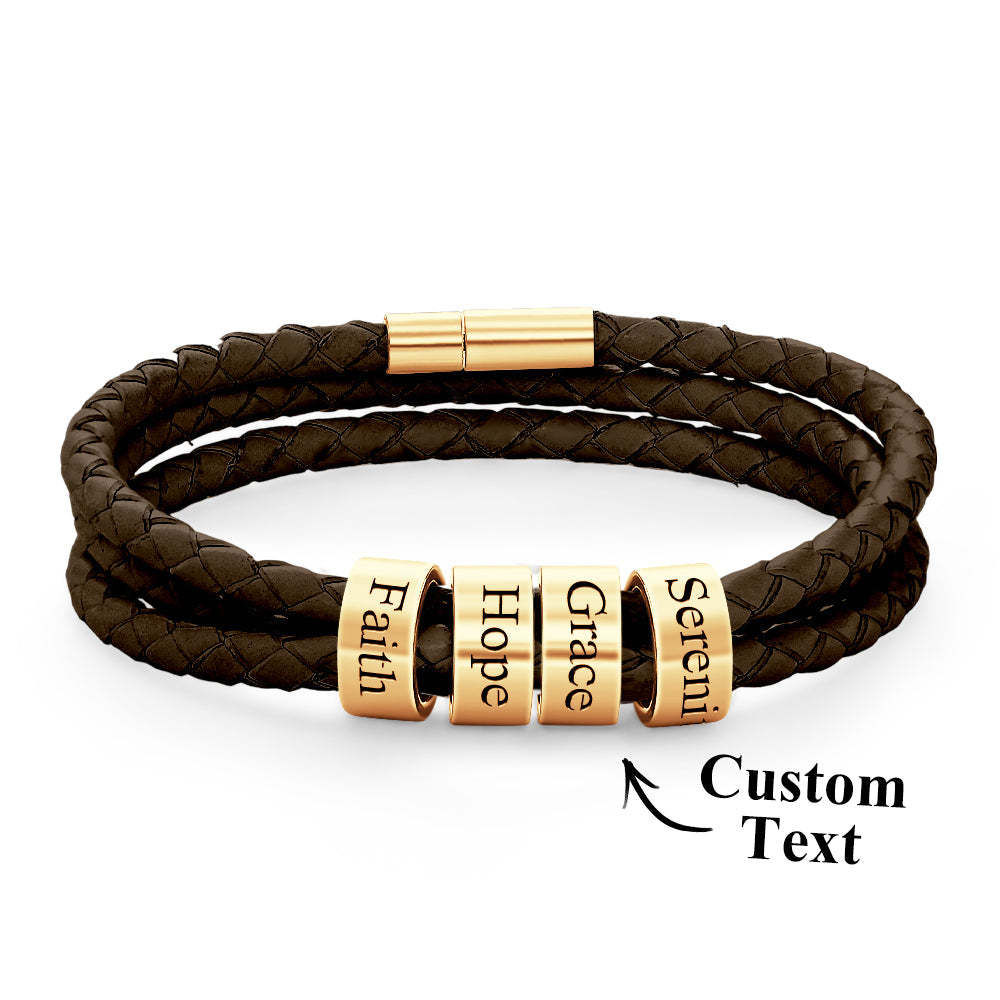 Men Braided Leather Bracelet with Small Custom Beads - NameNecklace