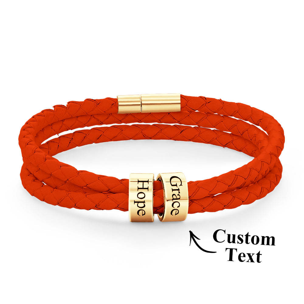 Men Braided Leather Bracelet with Small Custom Beads - NameNecklace