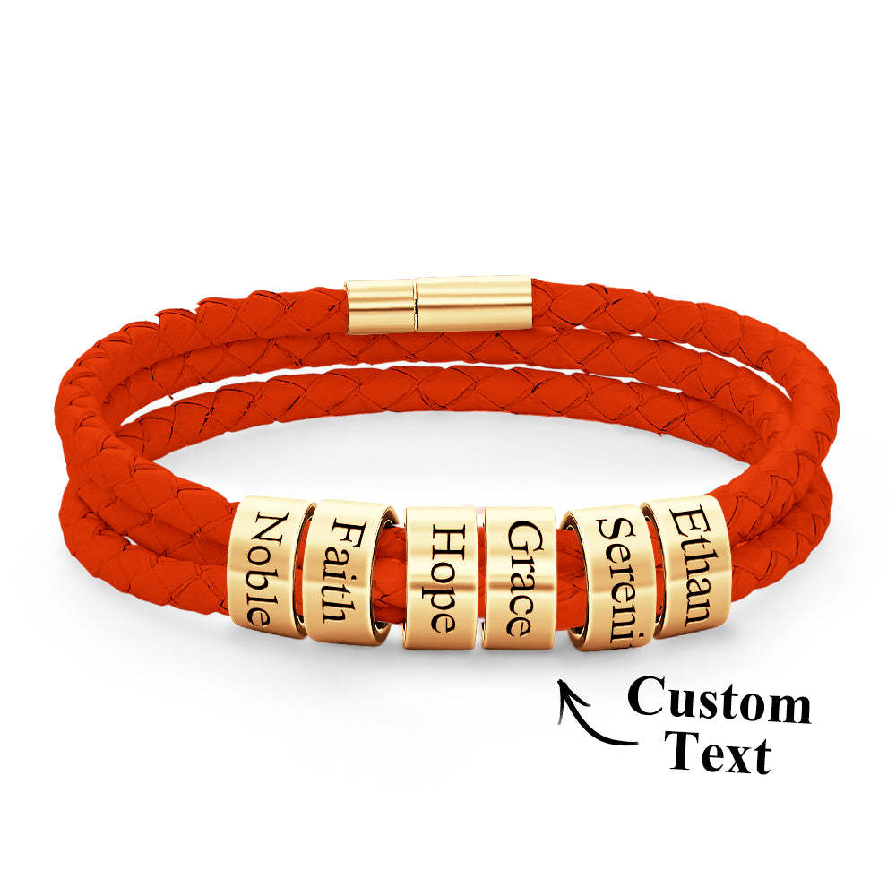 Men Braided Leather Bracelet with Small Custom Beads - NameNecklace